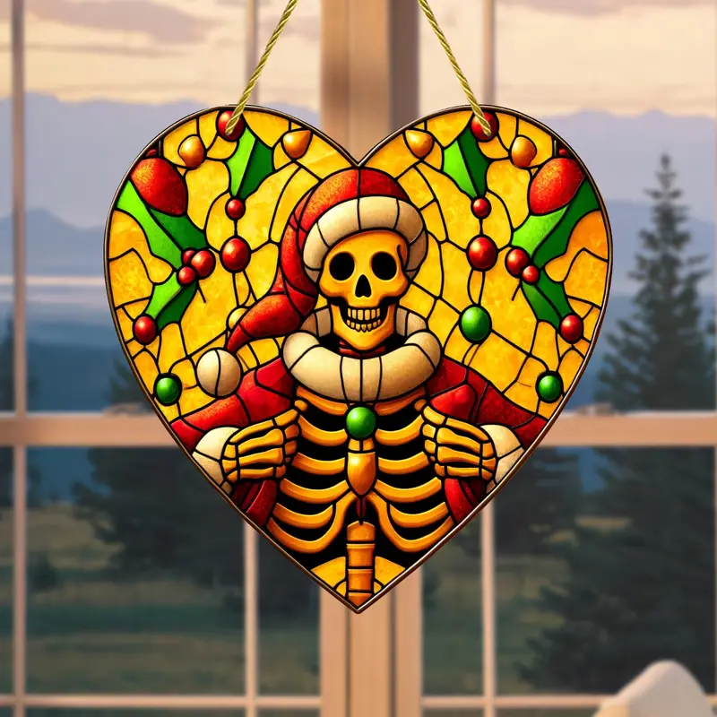 Halloween Suncatcher Decoration 2024 - 1 Piece, Horror Themed Skeleton Stained Glass Window Hanging, Unique Gift Idea for Wall Decor, Room Accent, Home Ornament - Other Material ORHA2408