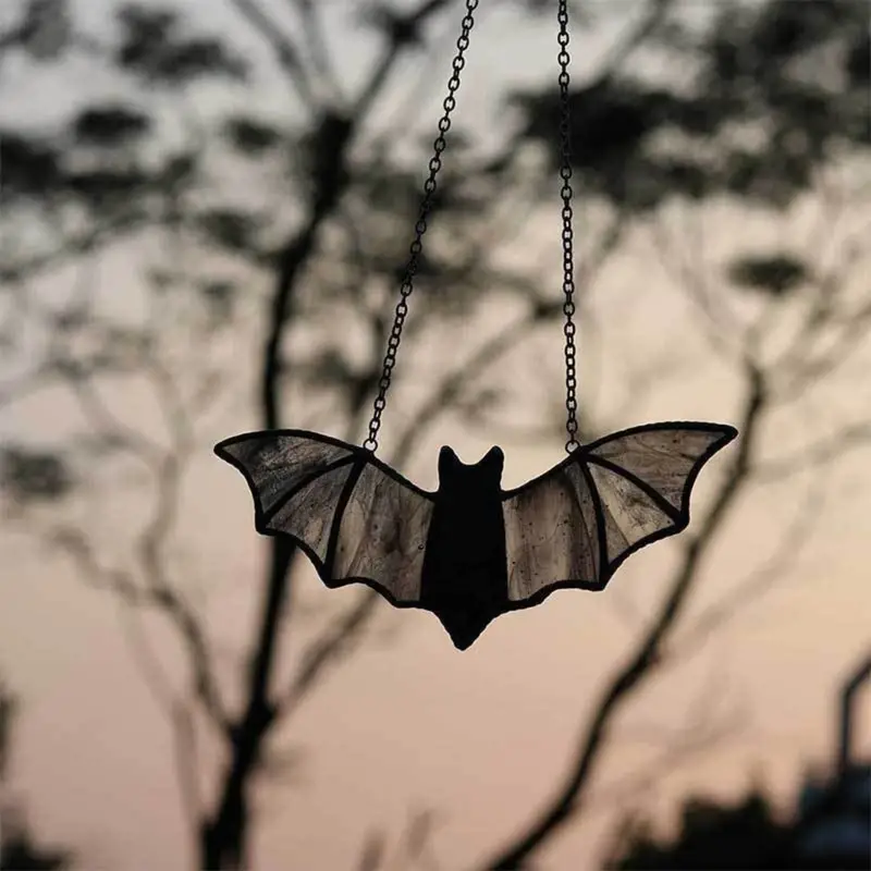 Bat Stained Glass Suncatcher - Halloween Window Hanging Decor, No Feathers, Non-Electric, Decorative Artisan Crafted Glass Bat Silhouette ORHA2608