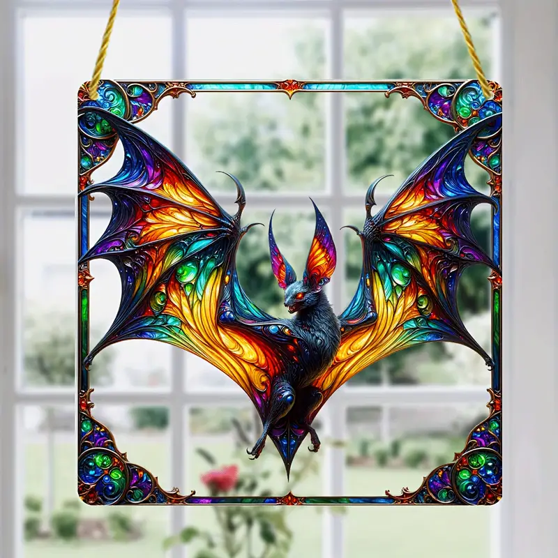 Gothic Bat Acrylic Suncatcher 8x8 Inch - Halloween Hanging Window Decoration, Square Sign, Wreath Centerpiece, Door Porch Wall Home Room Garden Farmhouse Bedroom Decor ORHA2608