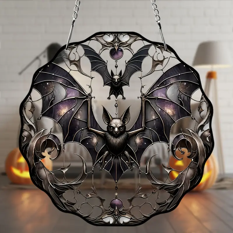 Two Bats 5.9 Acrylic Stained Glass Window Hanging - Perfect for Halloween Decor ORHA2608