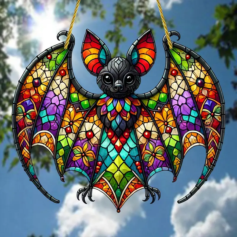 Exquisite Bat-Themed Halloween Sun Catcher - Colorful Stained Glass Look, Acrylic Wall & Window Decor (7.77X7.87) - Perfect All-Season Gift For Whimsical Home Decoration ORHA2608