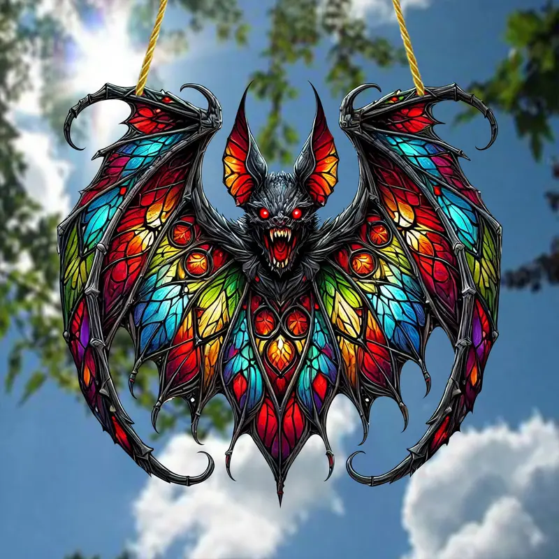 Spooky Halloween Bat Sun Catcher - Colorful Stained Glass Look, Acrylic Wall & Window Decor (7.59x7.87) - Perfect Gift for All Seasons ORHA2608