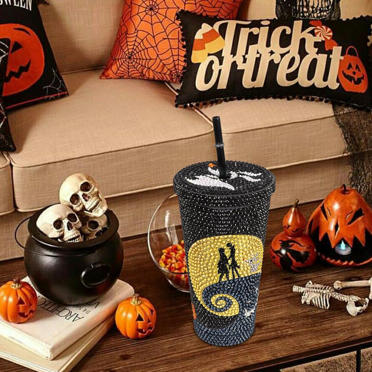 Bling Rhinestone Halloween Cup, 20oz Diamond Stainless Steel Insulated Tumbler with Lid and Straw, Glitter Halloween Coffee Water Bottle Mug TUM2808