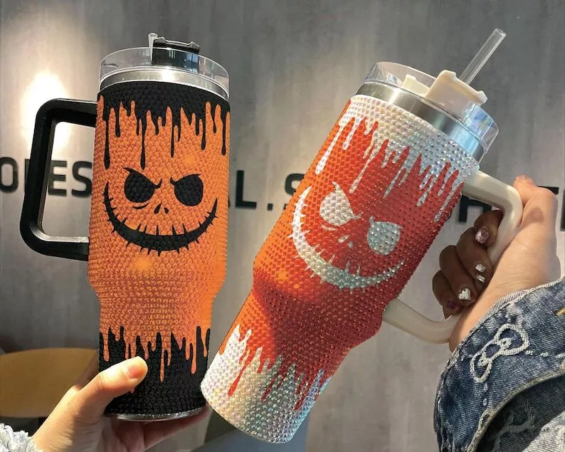 Halloween Orange Pumpkin 40oz Rhinestone Tumbler, Halloween Bling Spooky Tumbler TUM2808