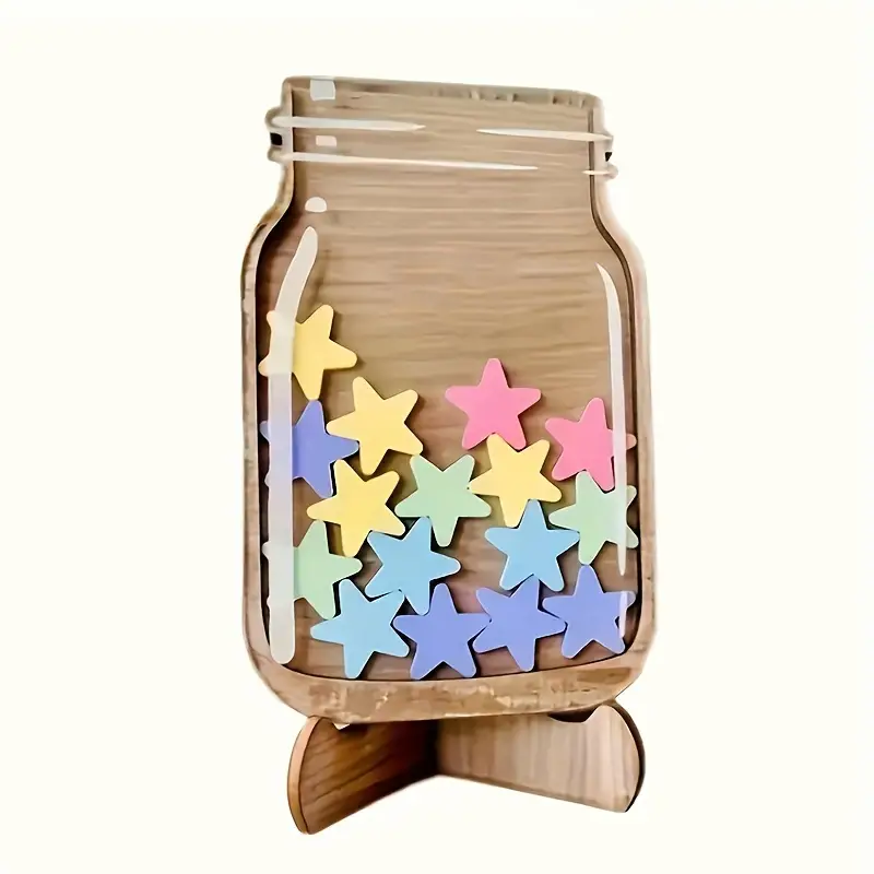 Wooden Star Reward Jar for Classroom and Family - Encouraging Star Sticker Teaching Tool for Positive Reinforcement and Behavior Management REJARTEM