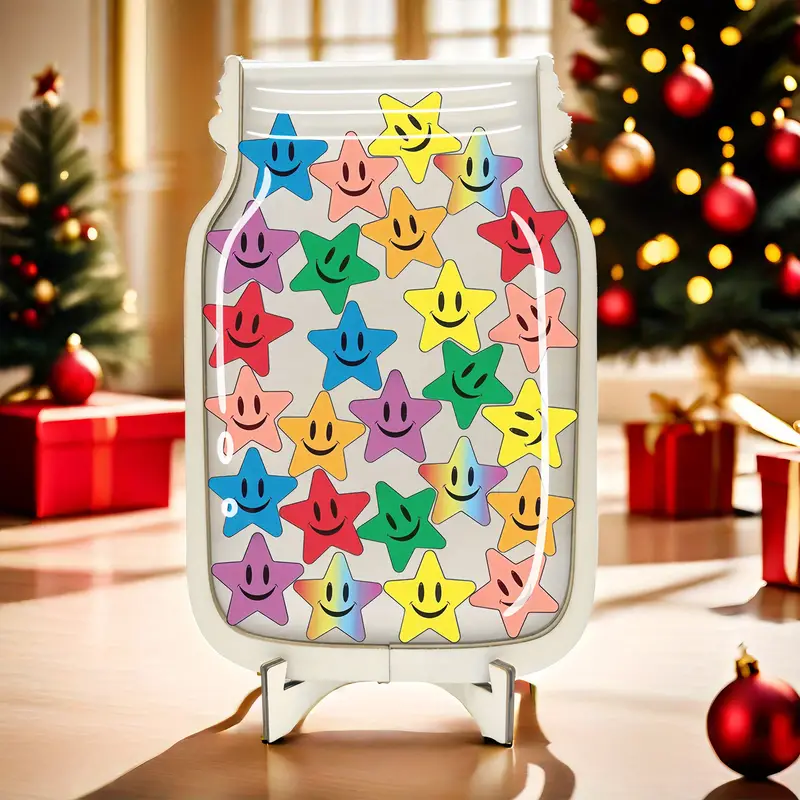 Happy joyful Star Reward Jar - Perfect For Classroom, Toilet Training & Behavior Motivation - AcrylicFaux Wood, No Power Needed - Ideal Educational Gift REJARTEM