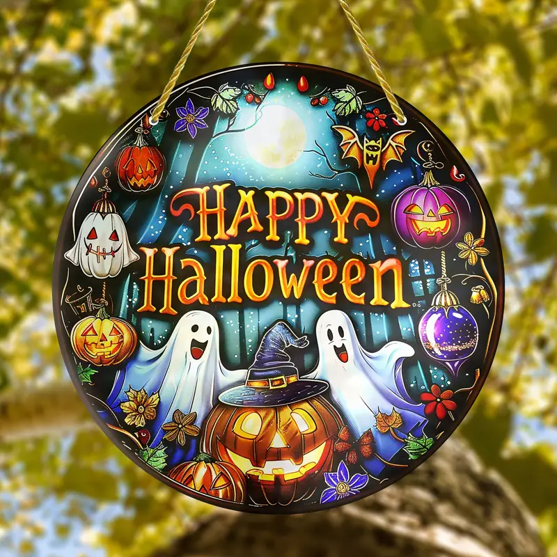 Charming Halloween Ghost Suncatcher - 8x8 Acrylic Stained Glass Window Hanging, Perfect for Indoor & Outdoor Decor, Porch, and Wall Art - Ideal Holiday Gift ORHA2408