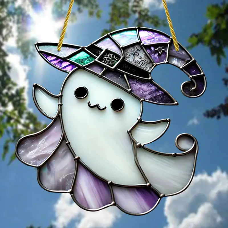 Charming Halloween Ghost Suncatcher - Colorful Stained Glass Look, Acrylic Wall & Window Decor (7.75x7.87) - Perfect Whimsical Gift for All Seasons ORHA2408