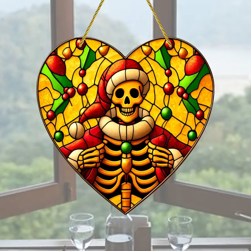 Halloween Suncatcher Decoration 2024 - 1 Piece, Horror Themed Skeleton Stained Glass Window Hanging, Unique Gift Idea for Wall Decor, Room Accent, Home Ornament - Other Material ORHA2408