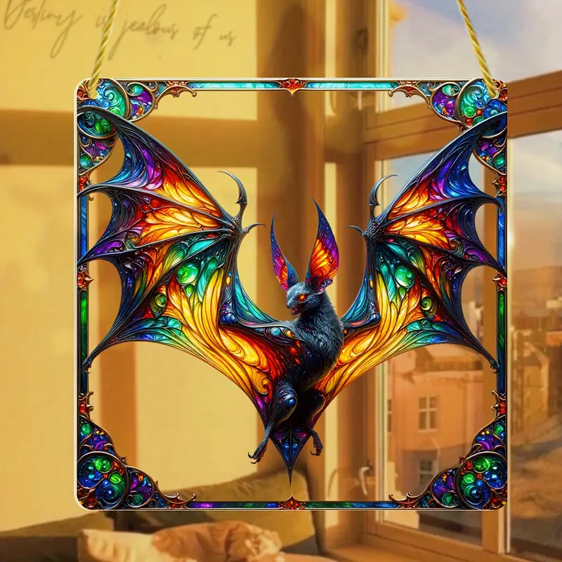 Gothic Bat Acrylic Suncatcher 8x8 Inch - Halloween Hanging Window Decoration, Square Sign, Wreath Centerpiece, Door Porch Wall Home Room Garden Farmhouse Bedroom Decor ORHA2608