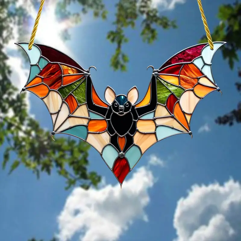 Stunning Stained Glass Bat Sun Catcher 13.8cm x 5.43in, 20cm x 7.87in, Hanging Window Decoration, Acrylic Wall Art, Outdoor Decor, Animal Theme, No Feathers, No Electricity Required ORHA2608