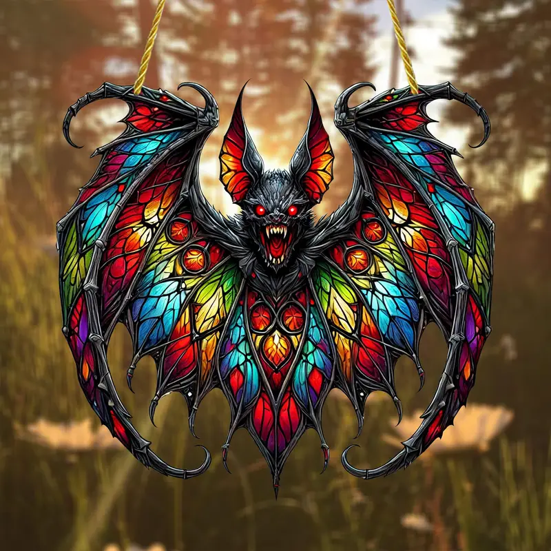 Spooky Halloween Bat Sun Catcher - Colorful Stained Glass Look, Acrylic Wall & Window Decor (7.59x7.87) - Perfect Gift for All Seasons ORHA2608