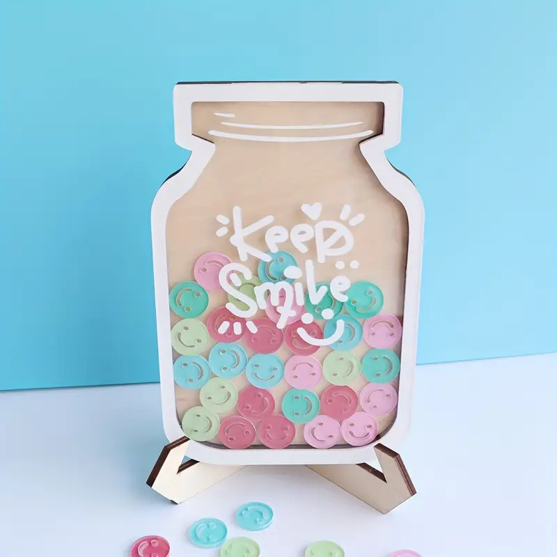 Wooden Acrylic Keep Smile Storage Jar - Desk Decor, Cartoon Theme, Suitable for Various Room Types, Indoor Use, No Electricity Required REJARTEM