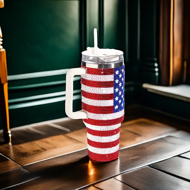 40 oz Rhinestone Stainless Steel Tumbler with Lid and Straw - Multipurpose Insulated Travel Mug for Hot and Cold Drinks - Durable Diamond Flag Series TUM2708