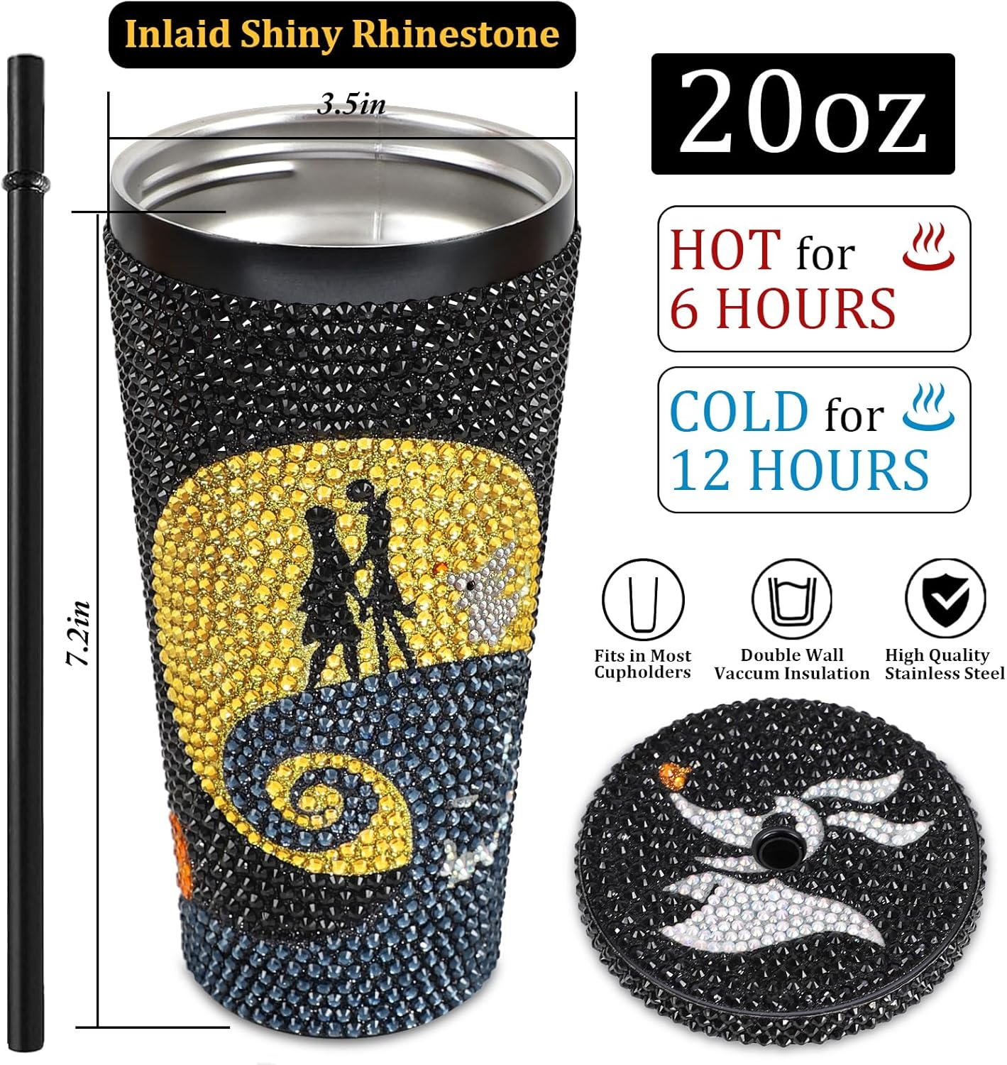 Bling Rhinestone Halloween Cup, 20oz Diamond Stainless Steel Insulated Tumbler with Lid and Straw, Glitter Halloween Coffee Water Bottle Mug TUM2808