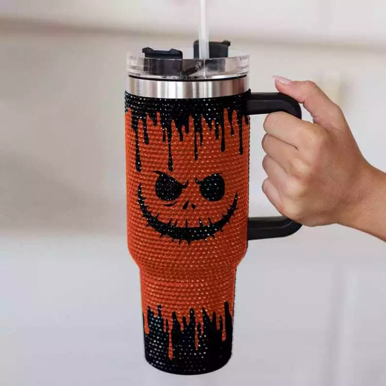 Halloween Orange Pumpkin 40oz Rhinestone Tumbler, Halloween Bling Spooky Tumbler TUM2808