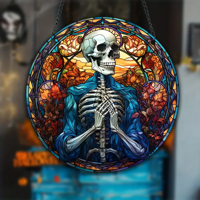 1pc Halloween Skull Suncatcher Skull Stained Window Hangings Garden Unique Gifts Outdoor Decorations Quality Hanging Ornament For Home And Garden Wreath Sign ORHA2408
