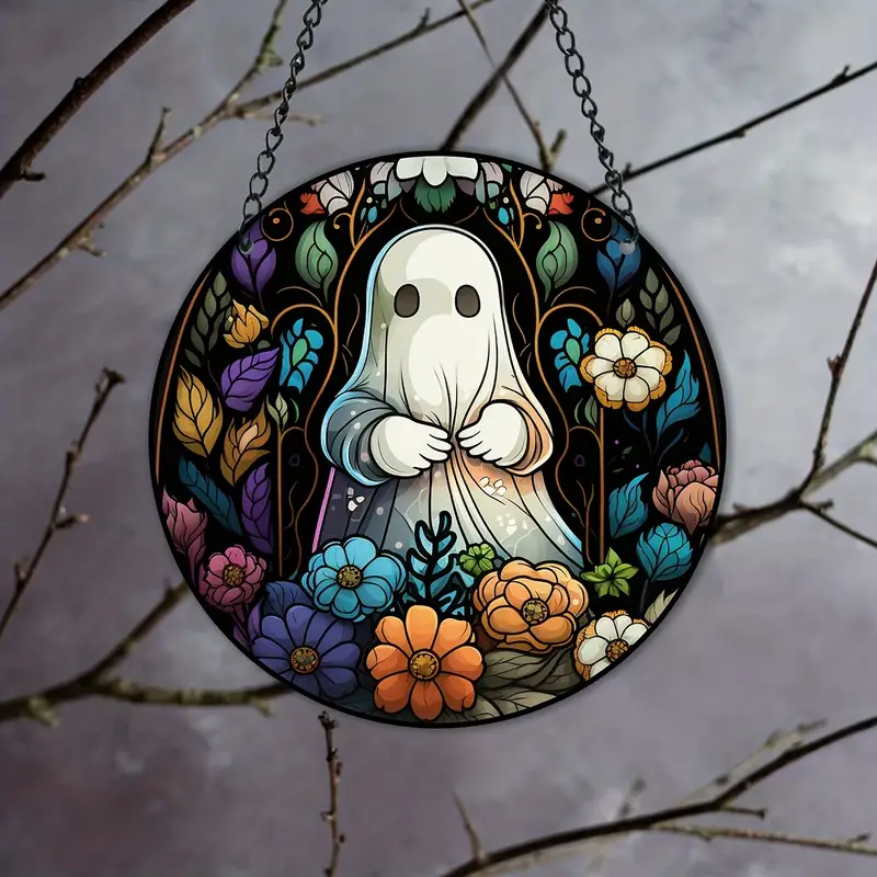 Festive Halloween Ghosts Window Hanging Suncatcher - 7.87inch, 3D Pattern Painted Plastic Panel Decor for Home, Gifts for Friends, Neighbors, Family, Holiday, Christmas, Halloween, Birthday ORHA2408