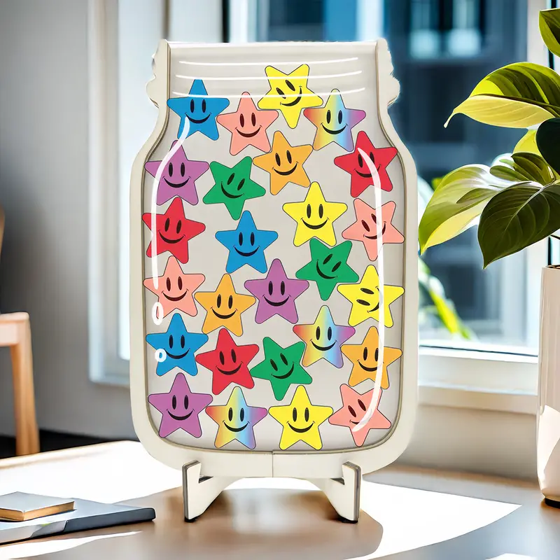 Happy joyful Star Reward Jar - Perfect For Classroom, Toilet Training & Behavior Motivation - AcrylicFaux Wood, No Power Needed - Ideal Educational Gift REJARTEM