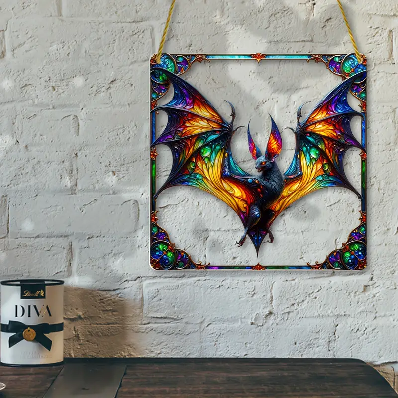 Gothic Bat Acrylic Suncatcher 8x8 Inch - Halloween Hanging Window Decoration, Square Sign, Wreath Centerpiece, Door Porch Wall Home Room Garden Farmhouse Bedroom Decor ORHA2608