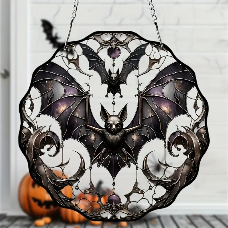 Two Bats 5.9 Acrylic Stained Glass Window Hanging - Perfect for Halloween Decor ORHA2608