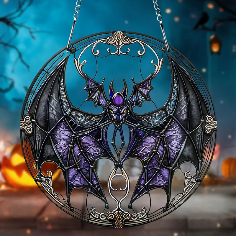 Bat-Themed Acrylic Suncatcher - 5.9 Stained Glass Window Hanging, Perfect For Halloween Decor & Gifts, Ideal For Kitchen, Porch, Home & Wall ORHA2608