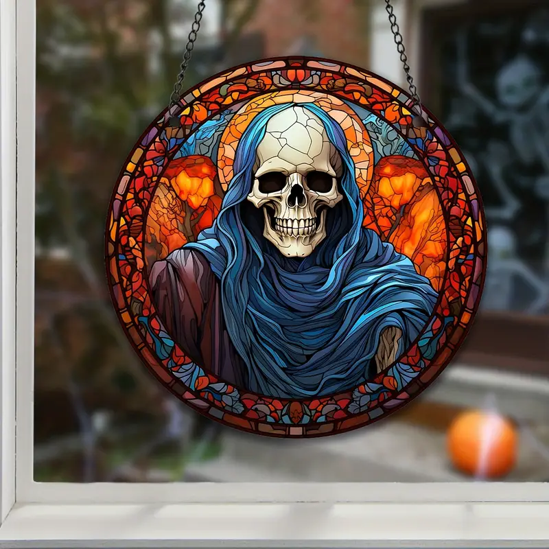 1pc Halloween Skull Suncatcher Skull Stained Window Hangings Garden Unique Gifts Outdoor Decorations Quality Hanging Ornament For Home And Garden Wreath Sign ORHA2408