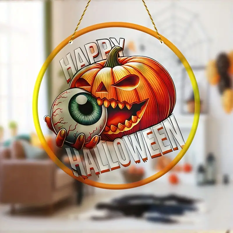 Halloween Pumpkin Suncatcher - 8x8 Colorful Window Hanging with Horror Eyeball Design, Perfect for Yard, Balcony & for Men Cave Decor, Unique Gift Idea ORHA2408