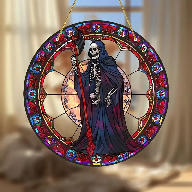 Vintage Grim Reaper Stained Acrylic Suncatcher Pendant - 8in Round Window Hanging Decoration for Home & Garden, Power-Free, Universal Holiday & Birthday Gift, Hanging Ornament with Gothic Theme ORHA2408