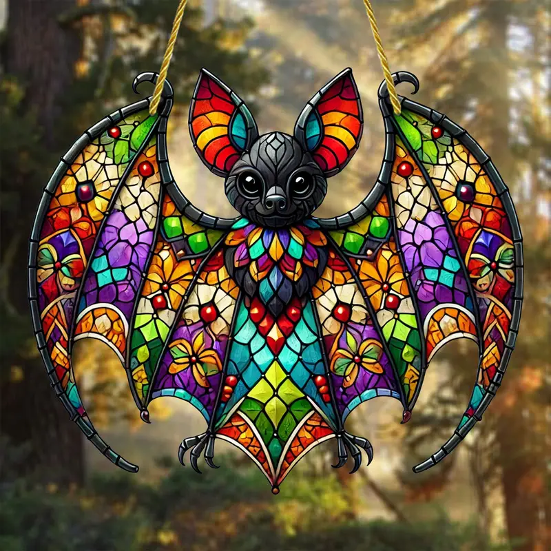 Exquisite Bat-Themed Halloween Sun Catcher - Colorful Stained Glass Look, Acrylic Wall & Window Decor (7.77X7.87) - Perfect All-Season Gift For Whimsical Home Decoration ORHA2608