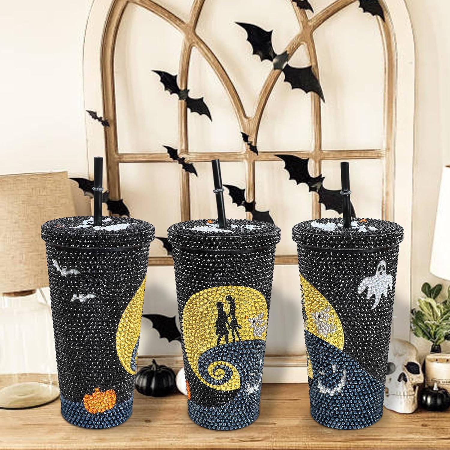 Bling Rhinestone Halloween Cup, 20oz Diamond Stainless Steel Insulated Tumbler with Lid and Straw, Glitter Halloween Coffee Water Bottle Mug TUM2808