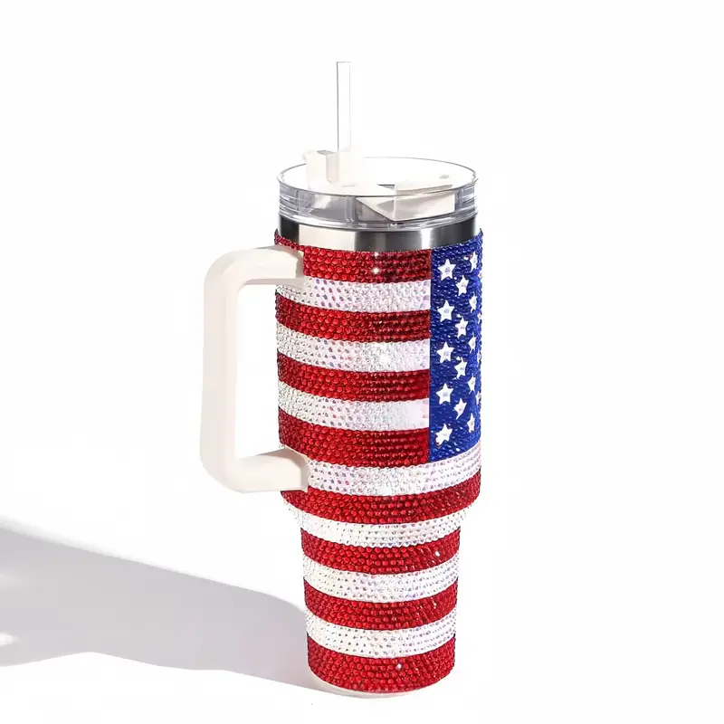 40 oz Rhinestone Stainless Steel Tumbler with Lid and Straw - Multipurpose Insulated Travel Mug for Hot and Cold Drinks - Durable Diamond Flag Series TUM2708