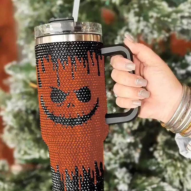 Halloween Orange Pumpkin 40oz Rhinestone Tumbler, Halloween Bling Spooky Tumbler TUM2808