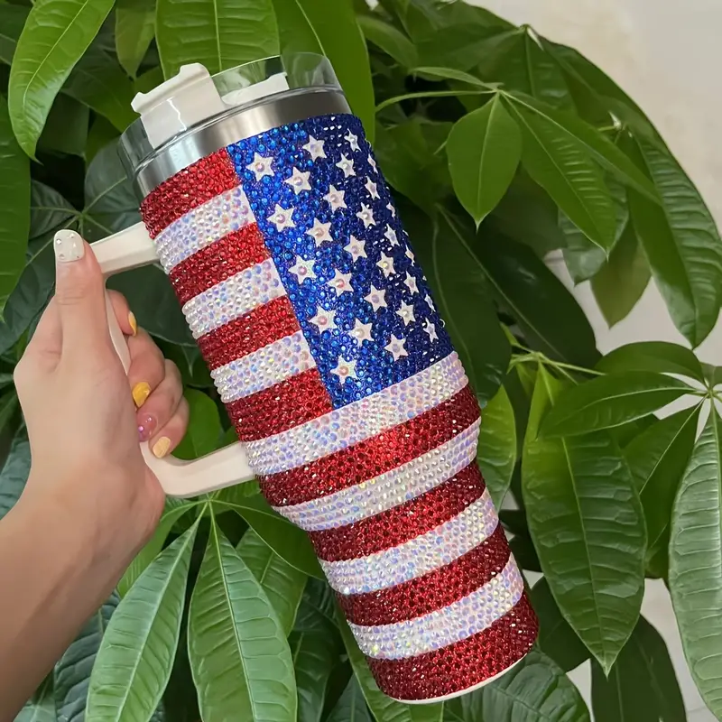 40 oz Rhinestone Stainless Steel Tumbler with Lid and Straw - Multipurpose Insulated Travel Mug for Hot and Cold Drinks - Durable Diamond Flag Series TUM2708