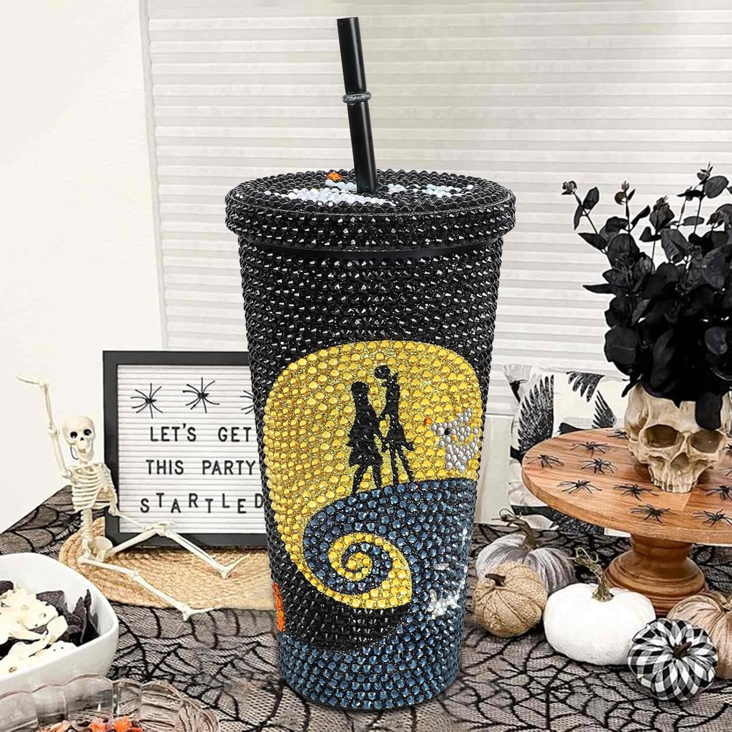 Bling Rhinestone Halloween Cup, 20oz Diamond Stainless Steel Insulated Tumbler with Lid and Straw, Glitter Halloween Coffee Water Bottle Mug TUM2808