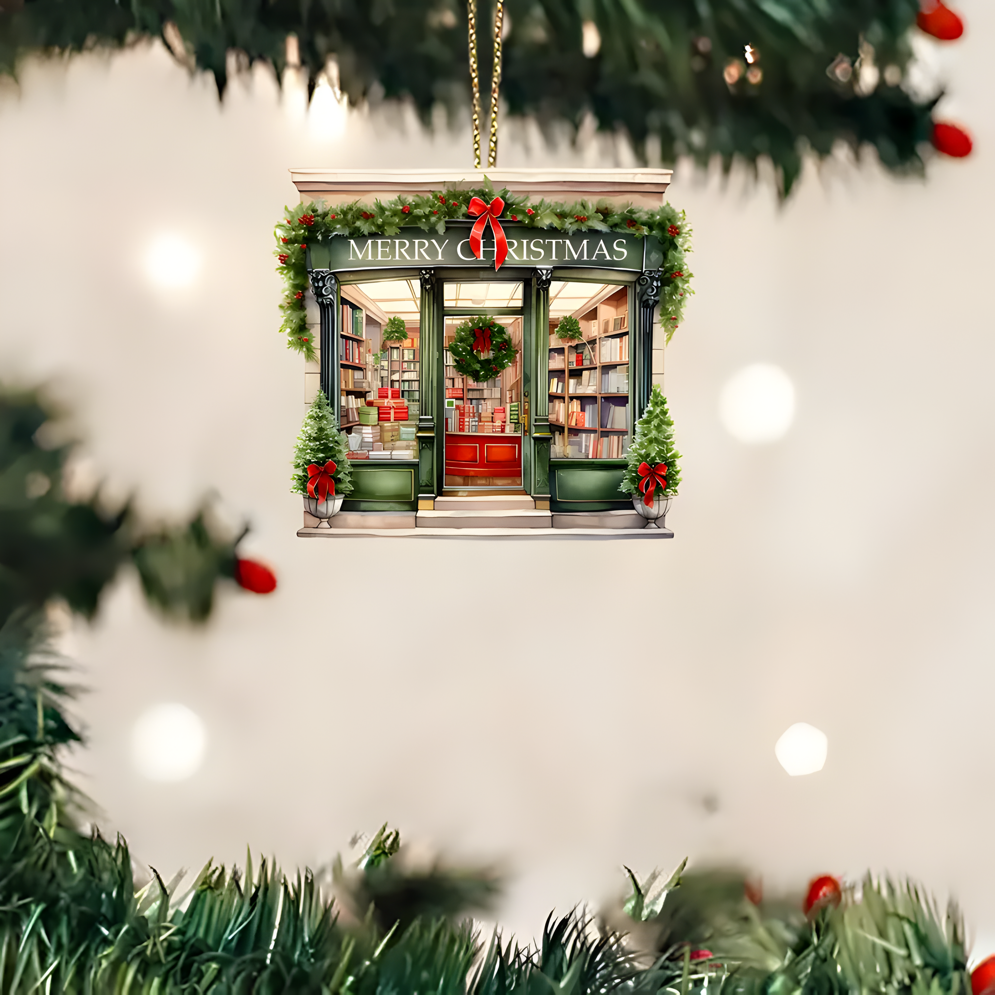 Whimsical Personalized 2D Acrylic Christmas Library Wreath Ornament - Unique Multiholiday Booklover Gift, Festive Tree Decoration with No Electricity Needed ORN2709