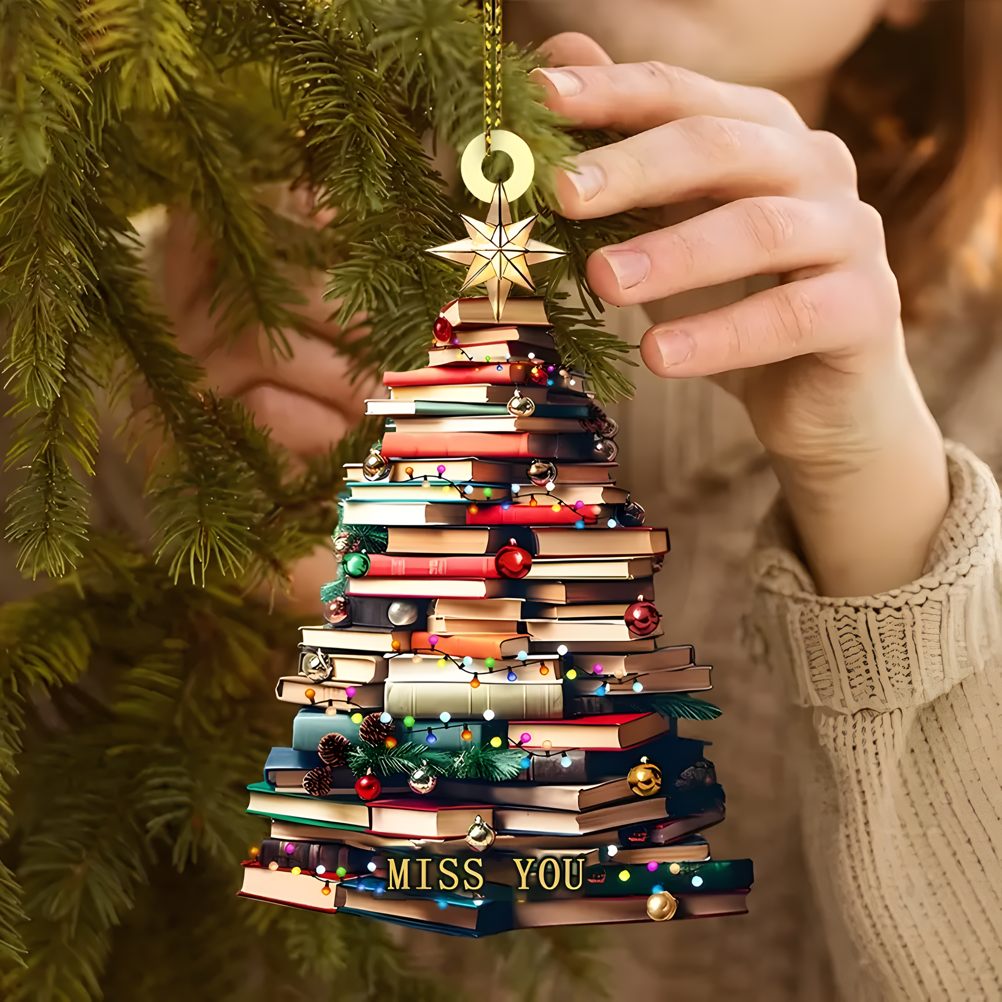 Personalized Christmas Book Tree Ornament, Acrylic Tree-Shaped Hanging Decor, 2024 Customizable Holiday Ornament, Classic Style, Battery-Free, for Home & Kitchen ORN2709