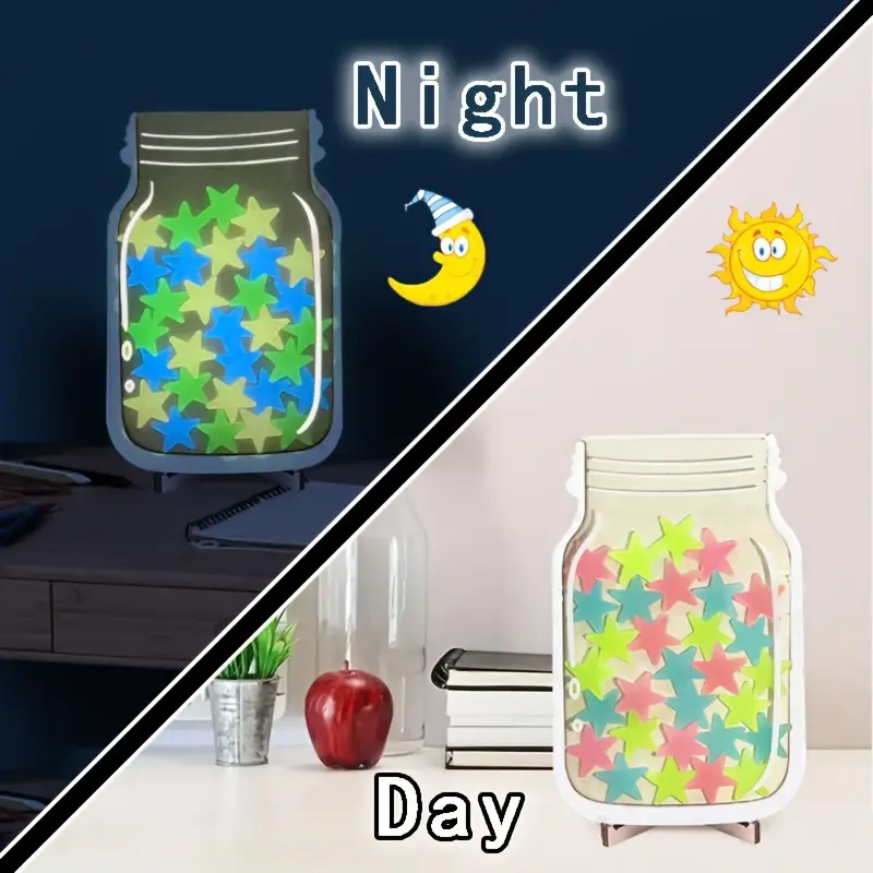 1pc New Luminous Star Reward Jar Point Reward Learning Self-discipline Reward Jar 30 Stars Wooden Ornaments Hollow Star 15 Positive Behavior Reward Tool REJARTEM