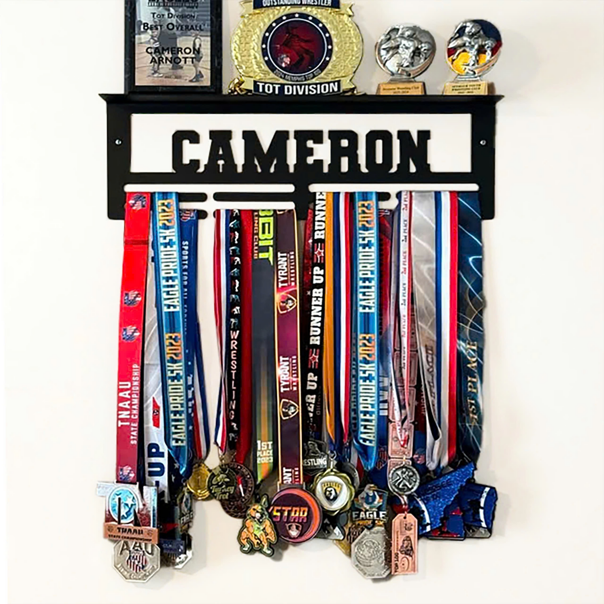 Custom Name Medal Hanger and Trophy Shelf - Medal Holder Custom Text 8 Rungs for Medals & Ribbons Medal Hanger Medal Display Award Display