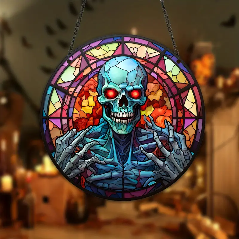 1pc Halloween Skull Suncatcher Skull Stained Window Hangings Garden Unique Gifts Outdoor Decorations Quality Hanging Ornament For Home And Garden Wreath Sign ORHA2408