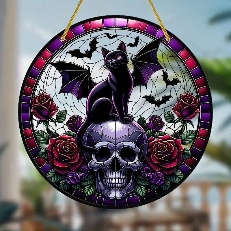 Black Cat and Skull Suncatcher, Acrylic Stained Glass Window Hanging 8x8, Halloween Decor, Skeleton Wall Art, GardenYardRoom Decoration, IndoorOutdoor Use, Festival & Party Decor, Home Ornament - Round Sh ORHA2408