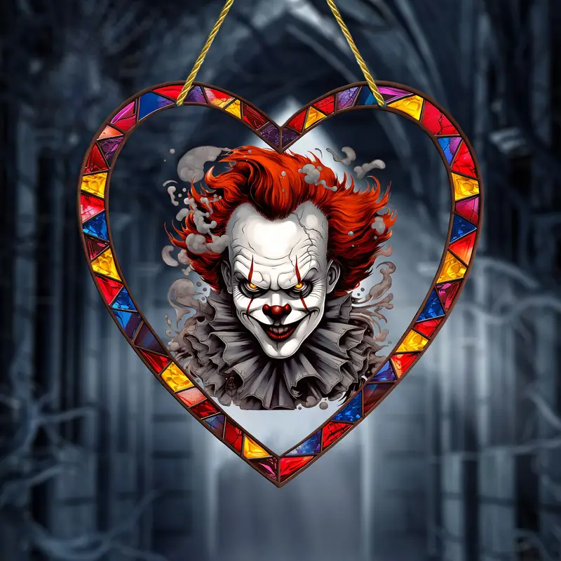 Clown-Themed Horror Suncatcher - Acrylic Sign, Heart-Shaped Stained Glass Window Hanging, 8x8 Inches, Halloween Decoration for Wall, Room, Window, Bedroom, Festive Party Decor, Unique Gift for Friends and ORHA2408