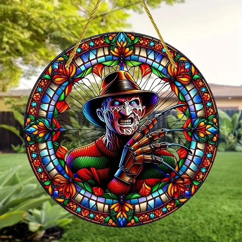 Contemporary Acrylic Hanging Ornament, Horror-Themed Stained Glass Suncatcher Style Decor, Round 8-inch Skull with Cowboy Hat Design, Indoor & Outdoor Decoration for All Seasons, Porch Window Decorative P ORHA2408