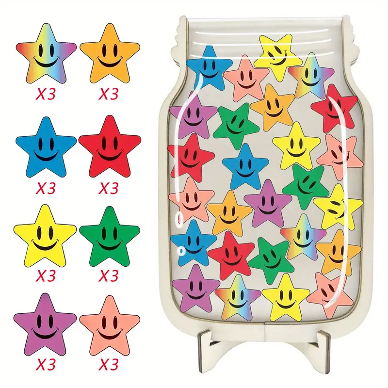Happy joyful Star Reward Jar - Perfect For Classroom, Toilet Training & Behavior Motivation - AcrylicFaux Wood, No Power Needed - Ideal Educational Gift REJARTEM