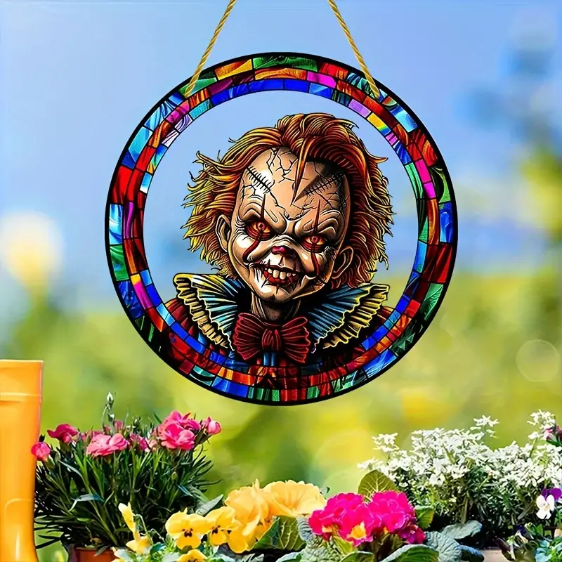 Glam Style Acrylic Hanging Ornament, 1 Pc 9.2 Round Horror Theme Sun Catcher, Halloween Nightmare Sign, Garden Patio Window Decor, No Feathers, Non-Electric ORHA2408