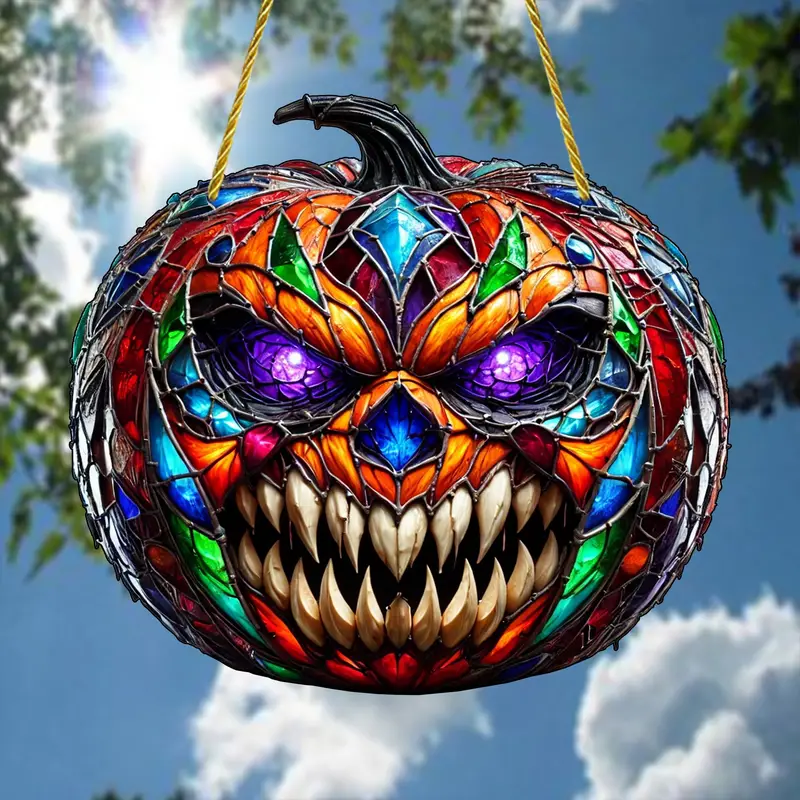 Halloween Horror Pumpkin Head Sun Catcher Pendant - Glam Style Acrylic Hanging Decor, General Fit Occasion, Stained Glass Appearance, Alien Emblem, Seasonal Gift, Window Display, Acrylic Wall Decor, Festi ORHA2408