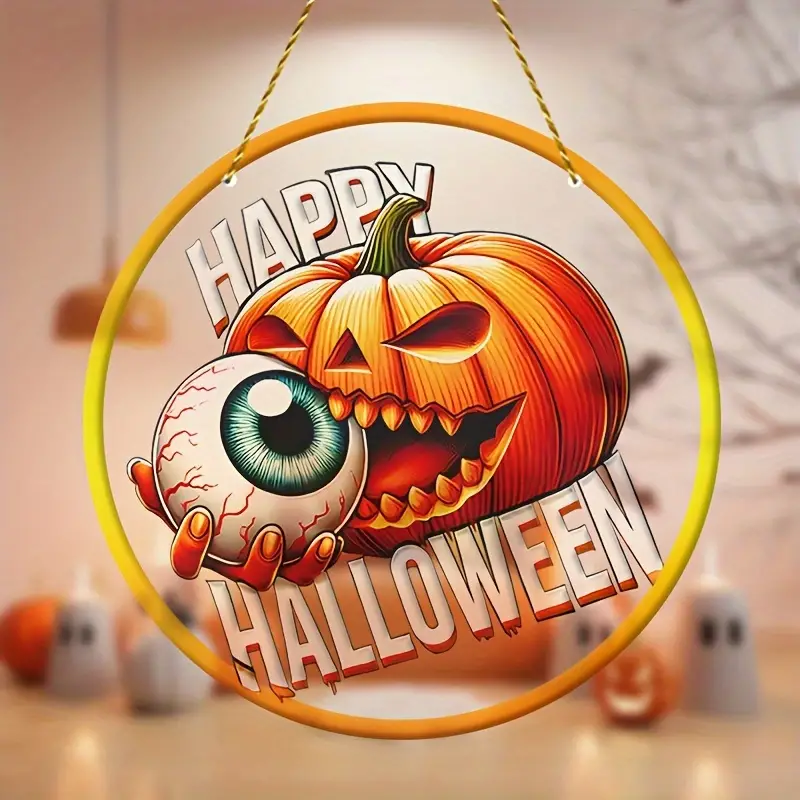 Halloween Pumpkin Suncatcher - 8x8 Colorful Window Hanging with Horror Eyeball Design, Perfect for Yard, Balcony & for Men Cave Decor, Unique Gift Idea ORHA2408