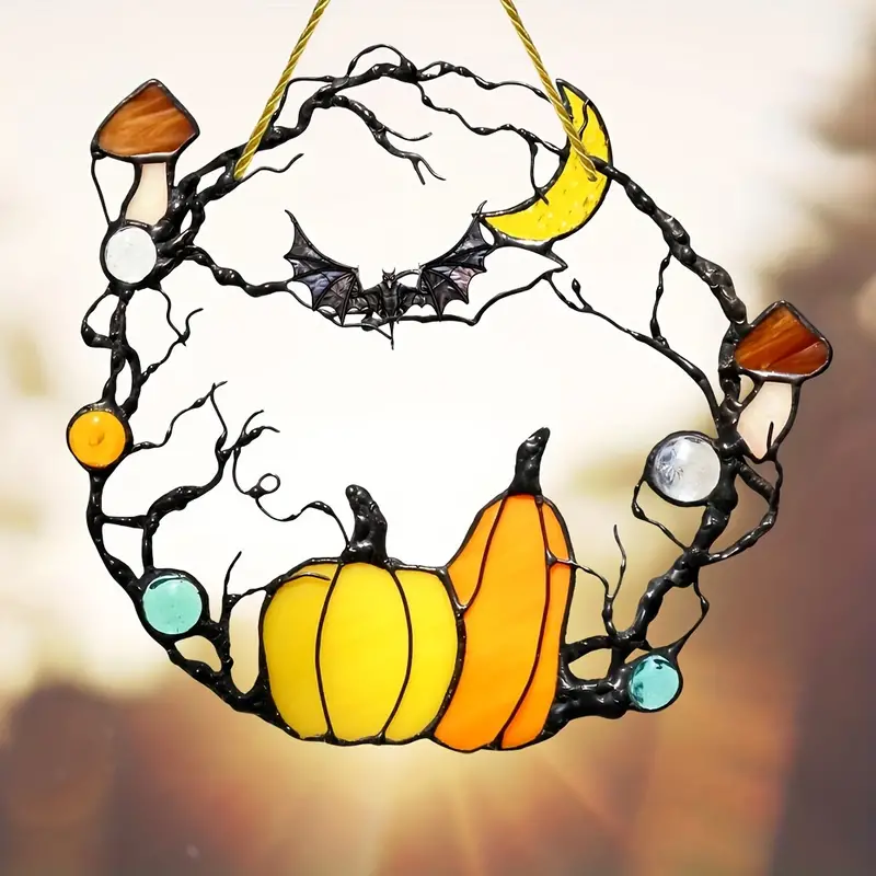 Halloween Suncatcher - Horror Themed Plastic Pumpkin Bat Moon Design, Stained Glass Style Acrylic Transparent Window Hanging Decor, Multipurpose Home & Wall Decoration, Ideal for Seasonal & Housewarming ORHA2408