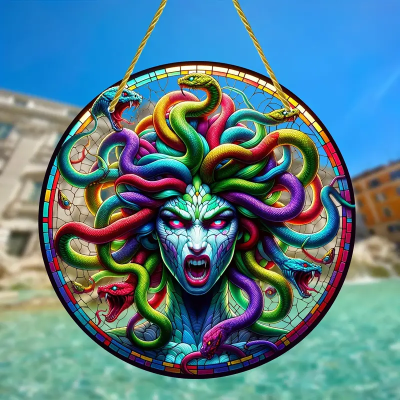 Medusa Themed Acrylic Suncatcher - 8 Round Horror-Inspired Light Catcher for Home, Garden, Window Hanging Decorations - Birthday Occasion Durable Suncatcher with Nylon Rope and Rubber Sleeve Protection ORHA2408