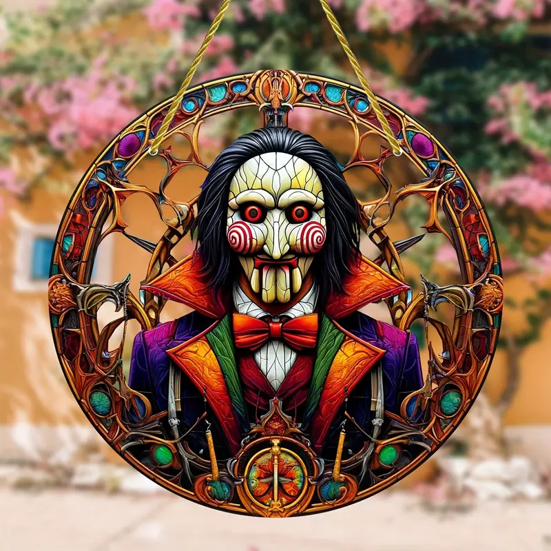 Saw Movie Character Stained Glass Suncatcher, Round Acrylic Hanging Window Decor, All-Season Porch Ornament, Home & Garden Accent, Birthday Gift for Horror Fans ORHA2408